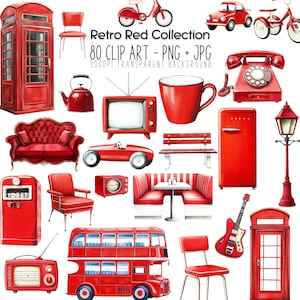 Pacchetto clipart rosso retrò: autobus a due piani, triciclo e elementi png di decorazioni vintage, perfetti per lavori fai da te, inviti e feste