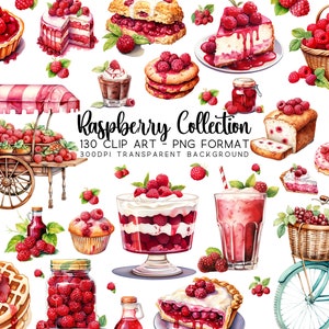 Bibliothèque de cliparts framboise | Lot de 130 images clipart |  Aquarelle PNG parfaite pour vos créations artistiques en sublimation