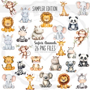 Imágenes prediseñadas de animales de safari: imágenes PNG de animales bebés en acuarela para decoración de guardería, archivos para baby shower, impresiones digitales, imágenes prediseñadas del zoológico