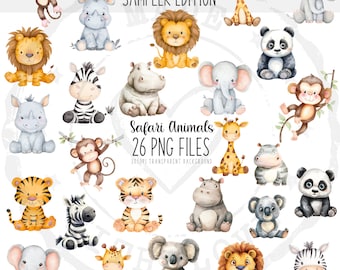 Safari animaux Clipart Sampler Edition - aquarelle bébé animal PNGs pour décoration de chambre d'enfant, fichiers baby shower, impressions numériques usage Commercial