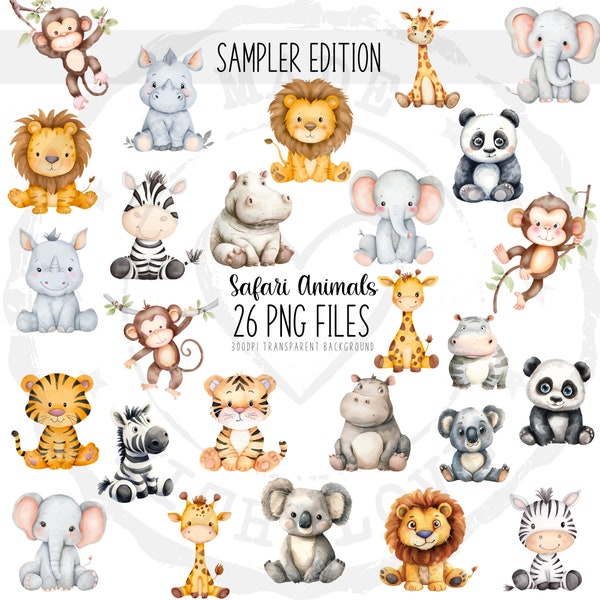 Safari Animals Clipart Sampler Edition - Acuarela bebé animal PNGs para decoración de guardería, archivos de baby shower, impresiones digitales uso comercial