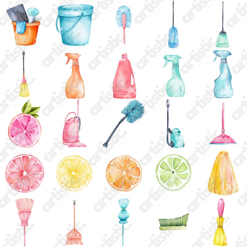 Watercolor bathroom cleaning icons pink bathtub and blue shower curtain