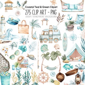 水彩画のビーチオーシャン沿岸クリップアートセット、Ahoy Captain Nautical Nursery 壁アート装飾プリント、デジタルデコパージュ、商用利用