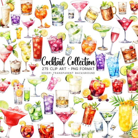 Watercolor Cocktail Clipart Bundle: Signature Drink Menu (PNG)