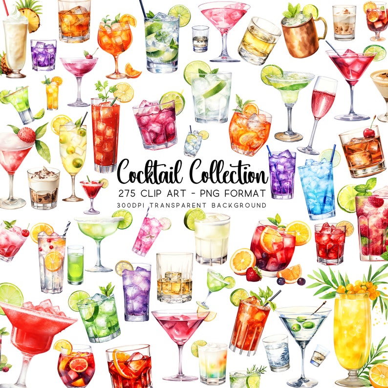 Collage of cocktail-themed clipart images on a white background, showcasing the variety of single images in the bundle.