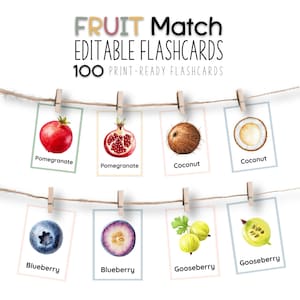 Fruit Flashcards for Preschool Children, Matching Fruits Game, Editable Montessori Vocabulary Picture Cards, Printable Food Learning Set