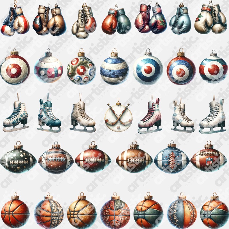 An array of sports clipart, featuring Tennis Balls, Volleyballs, and more, artistically grouped on a white background, showcasing detailed design elements.