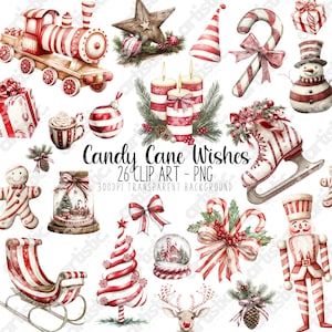May include: A set of 26 digital clip art images featuring a Christmas theme with candy canes, red and white stripes, and wintery elements. The images are in PNG format and have a transparent background.