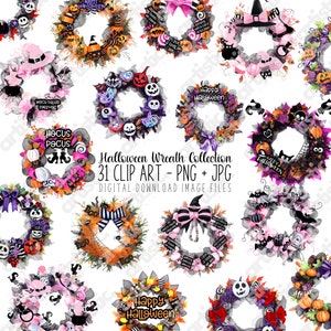 Clipart de corona de Halloween: decoración de Halloween rosa PNG, corona espeluznante con fantasmas, brujas y calabazas, perfecta para sublimación y manualidades