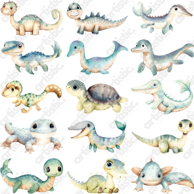 Soft cute reptile file illustration of a smiling baby dinosaur with pastel accents on a transparent background.