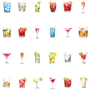 Artistic arrangement of cocktail-themed clipart images on a gray checkered transparent background, showcasing the design elements.