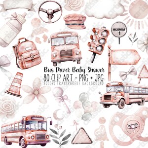 Bus Driver Baby Shower Clipart, Watercolor Digital Illustrations, 80 PNG Clip art, Perfect for Baby Showers, Invitations, and Party Stickers