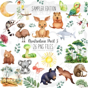 Aussie Animals Clipart Bundle Pack (3) - 26 PNG, Nursery Decor, Baby Animal Art, Australia Wildlife Designs