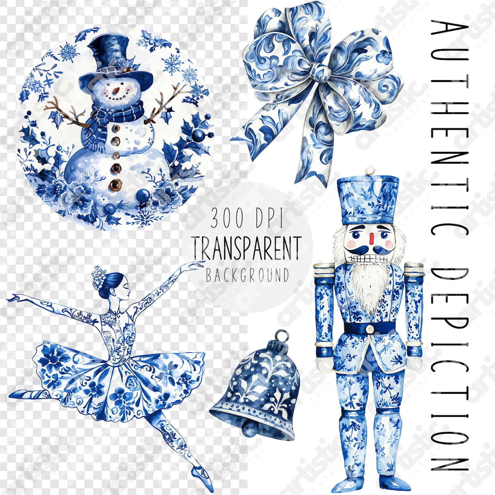 Christmas Delft Clipart: Blue & White Watercolor PNG Images (190) - Etsy