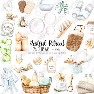Bundle de cliparts soins personnels - PNGs de spa de beauté pour des conceptions de fille d'agenda, des bombes de bain, de l'eucalyptus et des graphiques féminins