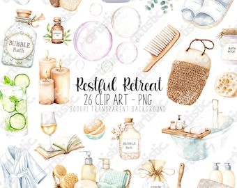 Könnte beinhalten: Aquarell-Illustrationen von Bad- und Spa-Artikeln, darunter Badebomben, Kerzen, Badesalze, ein Bademantel, eine Badebürste, ein Badetuch, ein Badetablett, ein Glas Wein, ein Buch, eine Bademilchflasche, eine Badewanne, eine Luffa, ein Waschlappen, eine Badebürste, ein Badekamm, Eukalyptusblätter und ein Glas mit ätherischem Öl. Der Text "Restful Retreat" ist in Schwarz geschrieben.