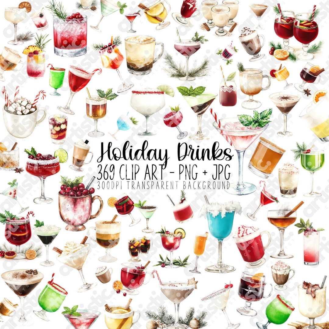 Holiday Cocktail Clipart 369 Watercolor Drink Pngs Alcohol Beverage Clipart for Menu, Party