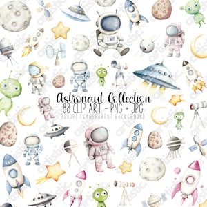 Outerspace Clipart Bundle - Astronautas em aquarela, Ônibus espacial PNG, Decorações fofas para festa de aniversário no espaço, Arte digital científica, Foguete PNG