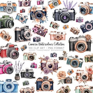 Clipart appareil photo, collection d'appareils photo photographie florale aquarelle : 100 fichiers image PNG transparents en sublimation