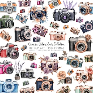 Camera Clipart, Watercolor Floral Photography Camera Collection: 100 Sublimation PNG Transparent Image Files