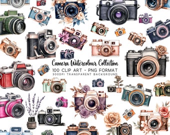 カメラのクリップアート、水彩画風の花柄写真カメラコレクション：昇華プリント用PNG透明画像ファイル100点