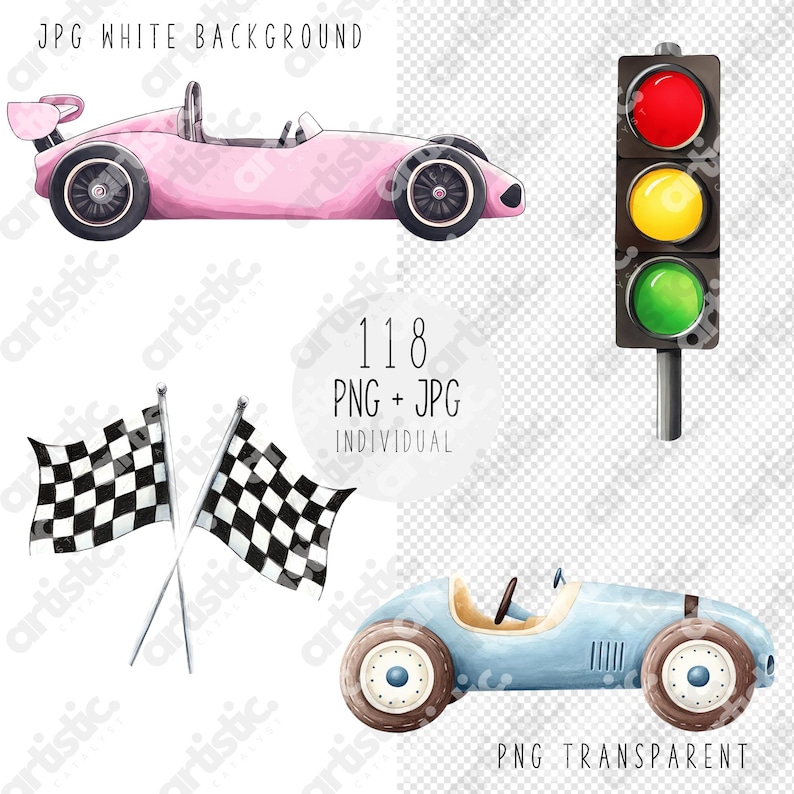 Racing helmet and flag illustrations ideal for race car birthday designs.