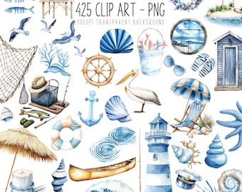 Blue Nautical Watercolor Clipart Bundle: Coastal Summer PNG (Digital Download)