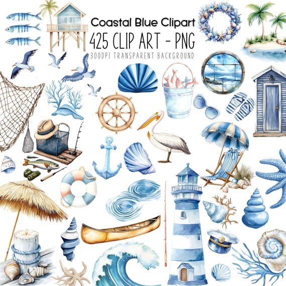 Coastal Clipart Watercolor Bundle: 410 Ocean PNG Graphic Illustrations