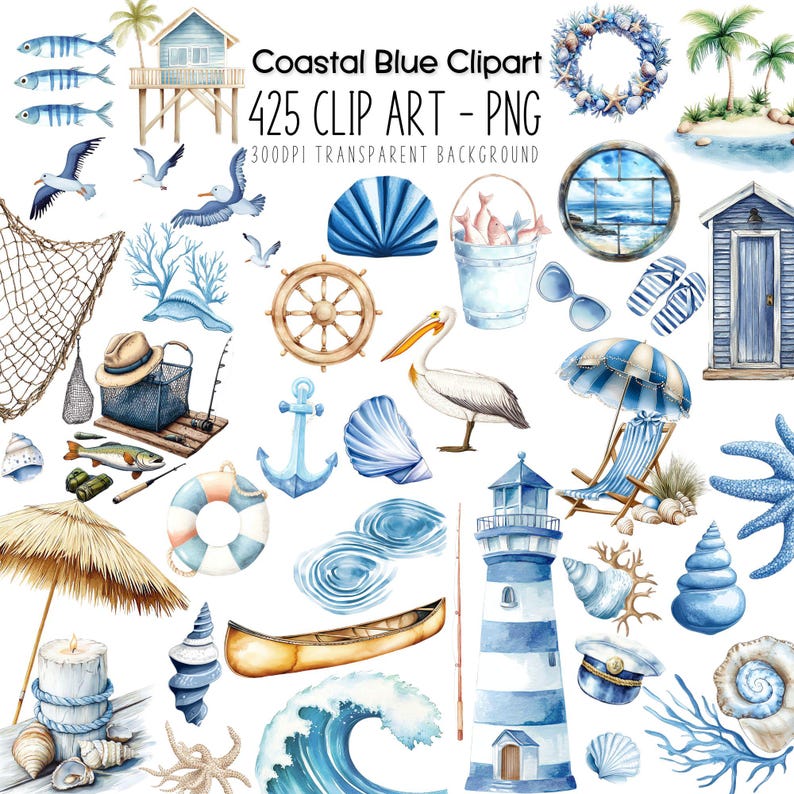 Blue Nautical Watercolor Ocean Clipart showcasing serene marine elements including seashells, lighthouse, fish, and beach-themed items ideal for summer decor and coastal printables.