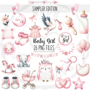 Clipart di bambina: fiocchi rosa acquerellati, palloncini e scarpe PNG - Decorazioni per la cameretta dei bambini, decorazioni per baby shower, download digitale per ragazze, pacchetto di campioni