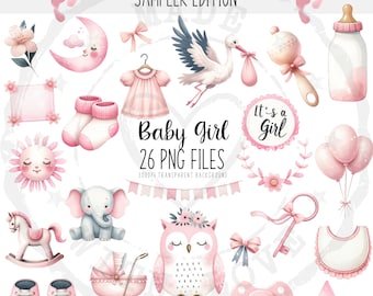 Baby Girl Clipart: Pink Watercolor Bows, Balloons, Shoes (PNG Digital Download)