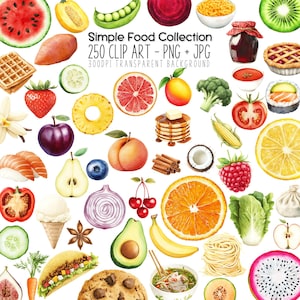Paquete de imágenes prediseñadas de alimentos: frutas en rodajas, verduras crudas, especias naturales, gráficos de acuarela, elementos de menú, diseños de planificadores, imágenes de fiestas para hacer tú mismo