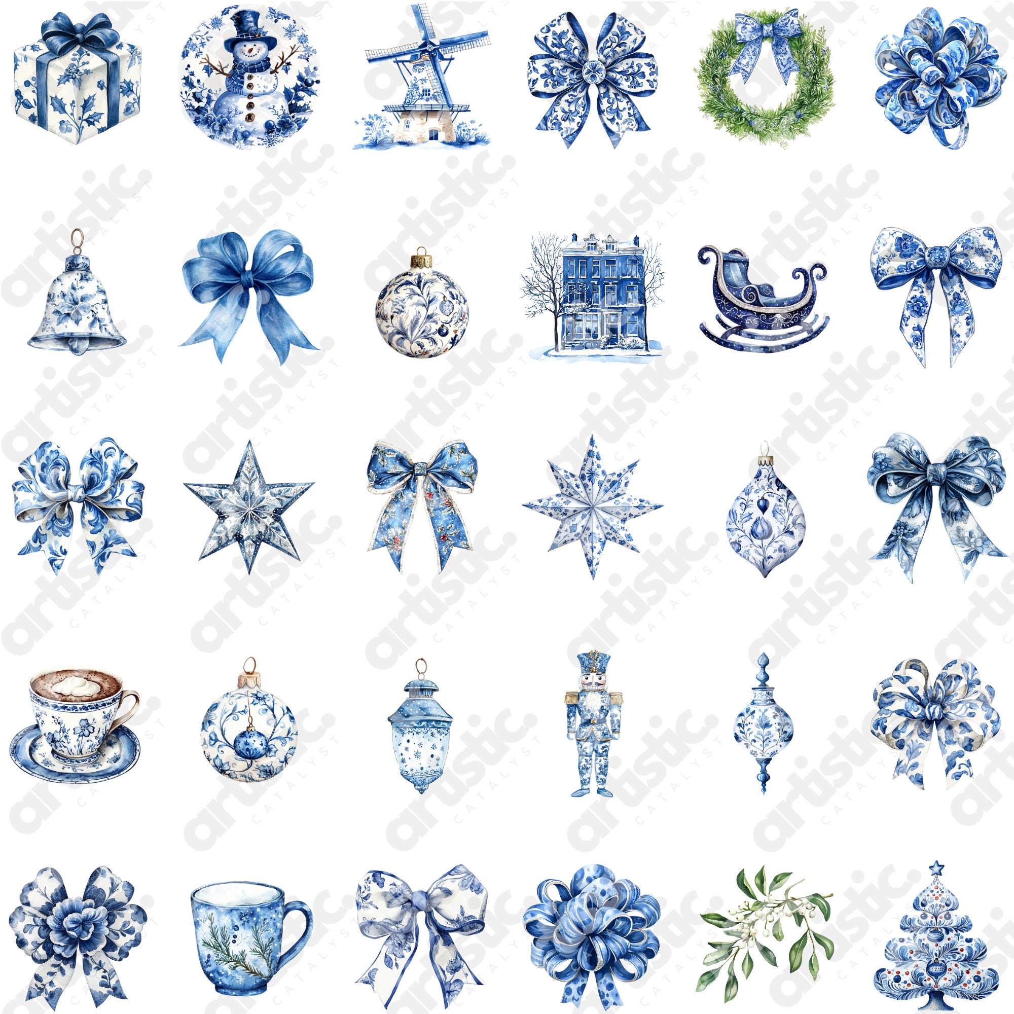 Christmas Delft Clipart: Blue & White Watercolor PNG Images (190) - Etsy