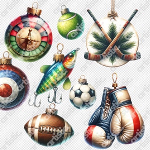 An assortment of sports clipart including Baseball Decor and Christmas Stickers, set against a 50% grey backdrop, highlighting the vibrant and detailed designs.