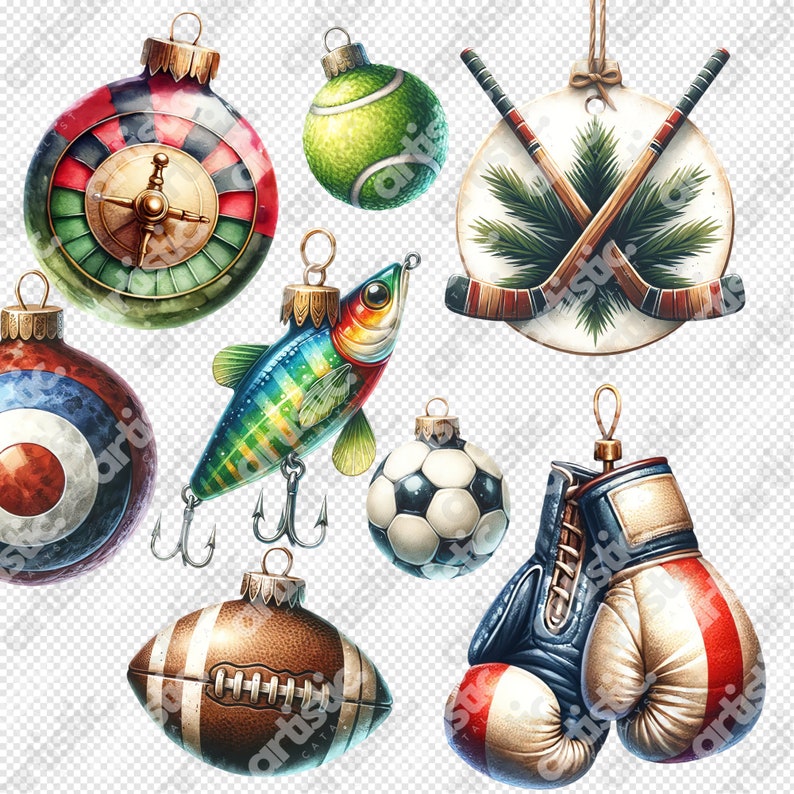 An assortment of sports clipart including Baseball Decor and Christmas Stickers, set against a 50% grey backdrop, highlighting the vibrant and detailed designs.