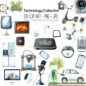 Clipartbundel aquareltechnologie: 110 png-afbeeldingen (digitale download)