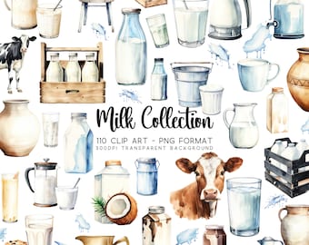 May include: A watercolor illustration set of milk-related items, including a cow, milk bottles, jugs, glasses, a bucket, a carton, and a coconut. The set is perfect for creating dairy-themed designs.