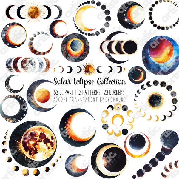 Solar Eclipse Clipart Bundle - Watercolor Moon Phase, Sun and Moon, Galaxy, Full Moon Images for Tshirt Design, Astronomy Art