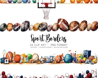 Sport Clipart Border Bundle, Baseball, Basketball, and Football, PNG and JPG Watercolour, Transparent, School Nursery Designs