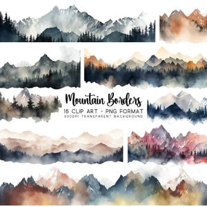 Paquete de bordes de imágenes prediseñadas de montaña PNG JPG, elementos de acuarela para scrapbooking digital, fondo transparente, arte de sublimación DIY, naturaleza