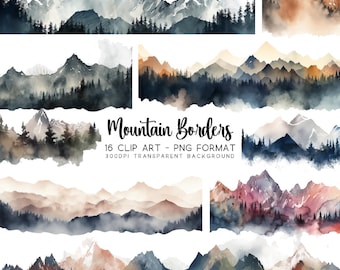 Bordes de imágenes prediseñadas de acuarela de montaña: paquete de paisajes en formato PNG y JPG
