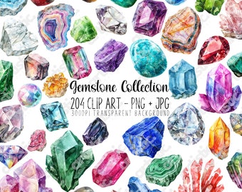 May include: A collection of watercolor illustrations of various gemstones, including amethyst, emerald, ruby, sapphire, and quartz. The illustrations are in a variety of shapes and sizes, and are set against a white background. The text "Gemstone Collection 204 Clip Art - PNG + JPG 300DPI Transparent Background" is included in the image.