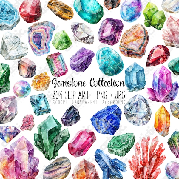 Watercolor Gemstone Clipart Collection - Crystal Cluster, Birthstone Art, Zodiac Gifts, Healing Crystals, Sublimation PNG - 204 Images