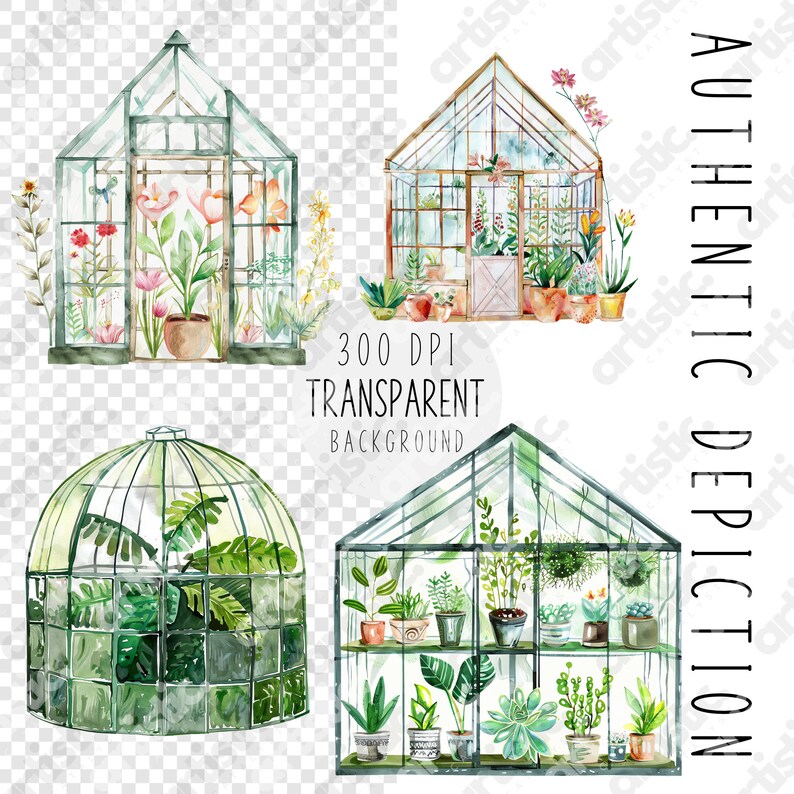 Floral PNG bundle, watercolor clipart with a variety of greenhouse plants in soft colors
