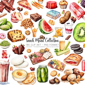 Snack Clipart, Watercolour Menu Clip Art 180 PNG/JPG, Dessert Images, Planner Printable Graphics