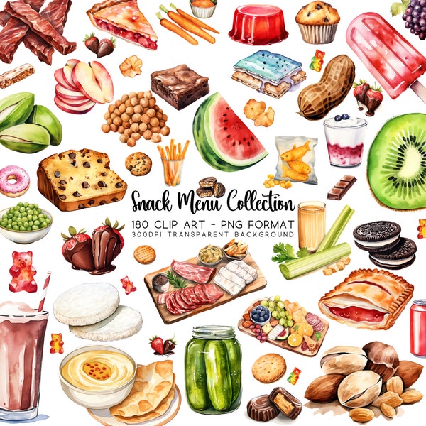 Snack Clipart, Watercolour Menu Clip Art 180 PNG/JPG, Dessert Images, Planner Printable Graphics