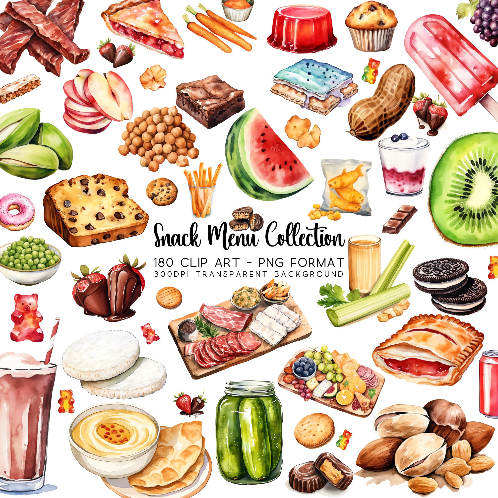 Watercolor dessert and snack art.