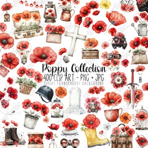 Poppy Flower Remembrance Day Clipart, Watercolor Poppy Illustration, 400 PNG, Remembrance Day Decor, Perfect for Scrapbooking and DIY Crafts