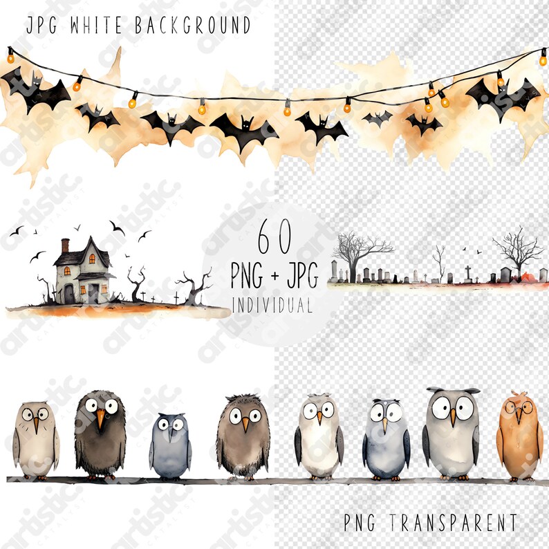 Digital Halloween clipart for instant download, featuring spooky and cute themes.