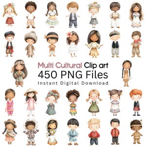 Multicultural Kids Clipart Bundle, 450 Watercolor PNGs in Traditional Cultural Dress and Outfits, Diverse Global Character Illustrations
